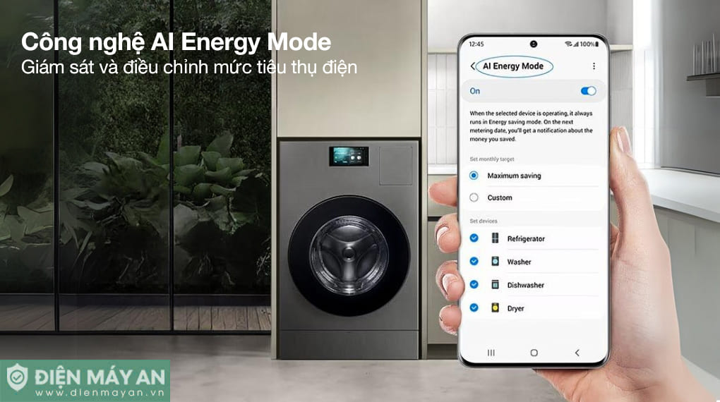 Máy giặt sấy Samsung AI Combo Heatpump Inverter giặt 25 kg - sấy 15 kg WD25DB8995BZSV